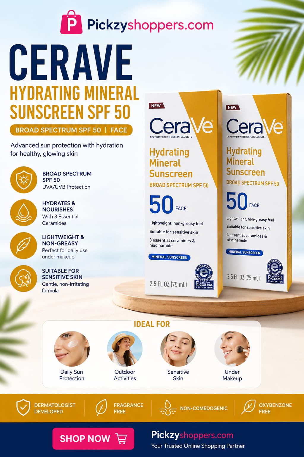 CeraVe Hydrating Mineral Sunscreen SPF 50 Face & Body Lotion