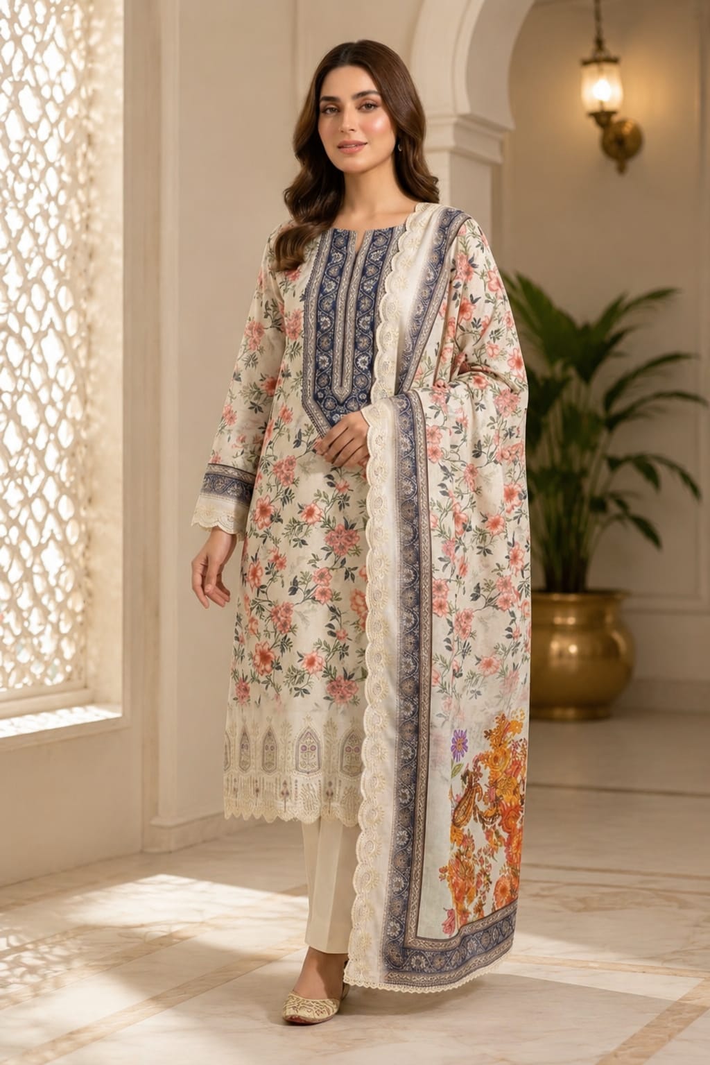 Premium Pakistani Digital Printed Lawn Three-Piece Suit with Laser Cut Border