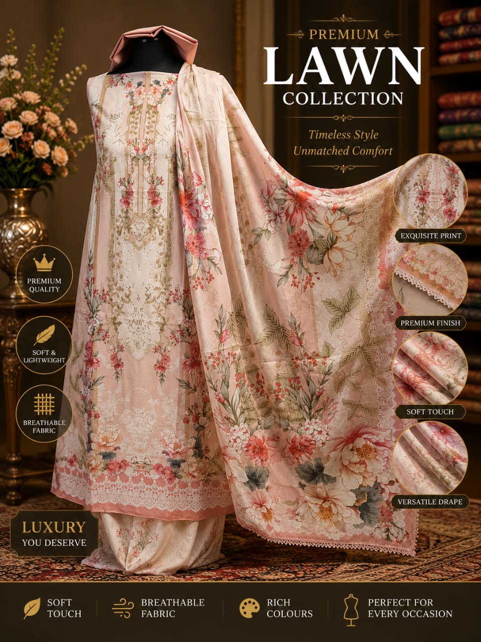 ✨ জমজম A Grade LAWN Collection with Premium Lace ✨