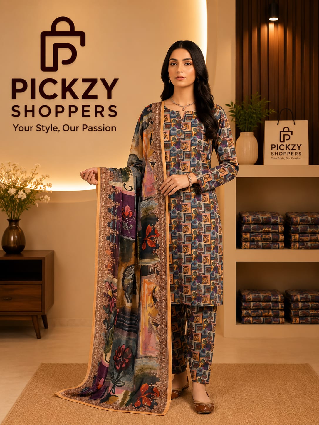 Premium Slub Cotton Three Piece – Digital Print ✨