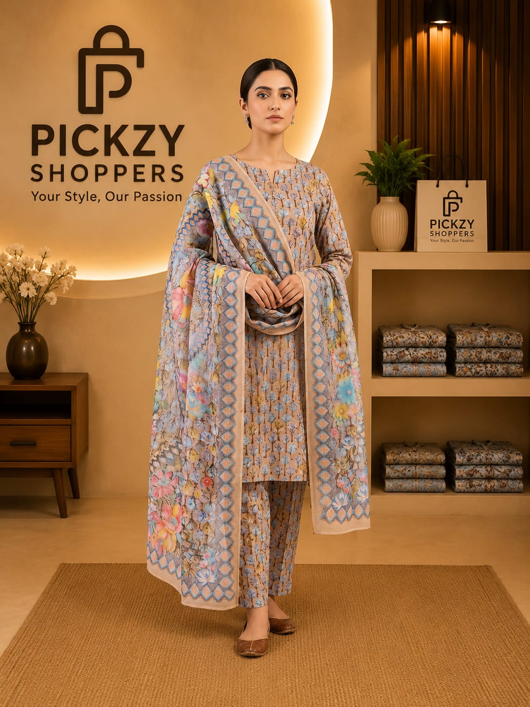 Premium Slub Cotton Three Piece – Digital Print ✨