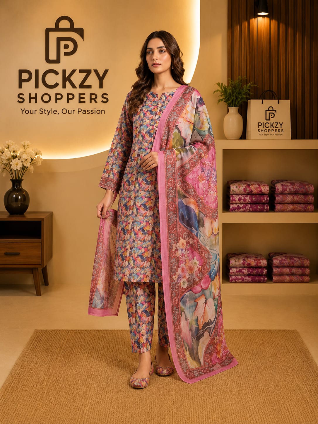 Premium Slub Cotton Three Piece – Digital Print ✨
